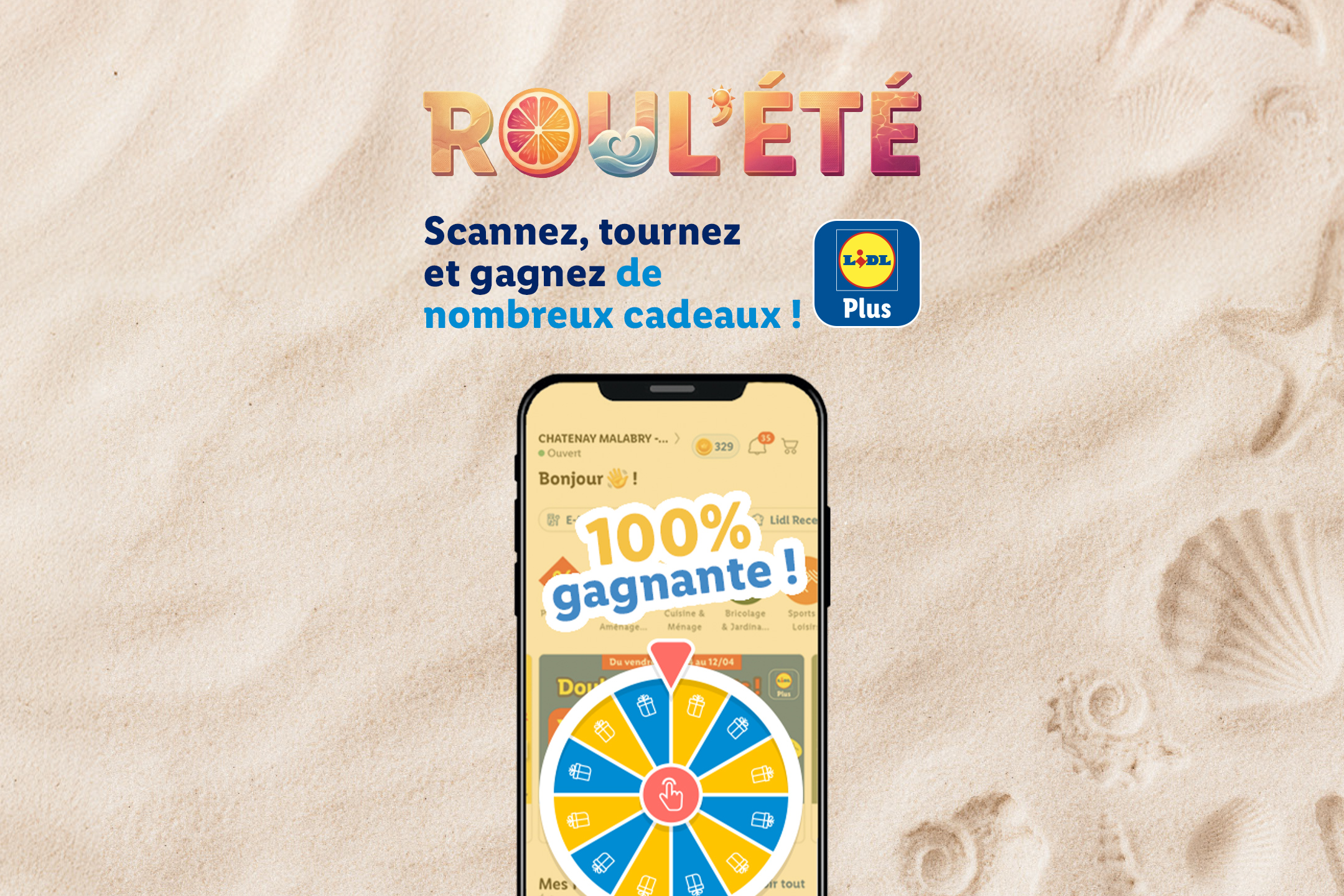 Un téléphone affichant une roue de la fortune sur fond de sable, avec le texte 'ROUL'ÉTÉ'.