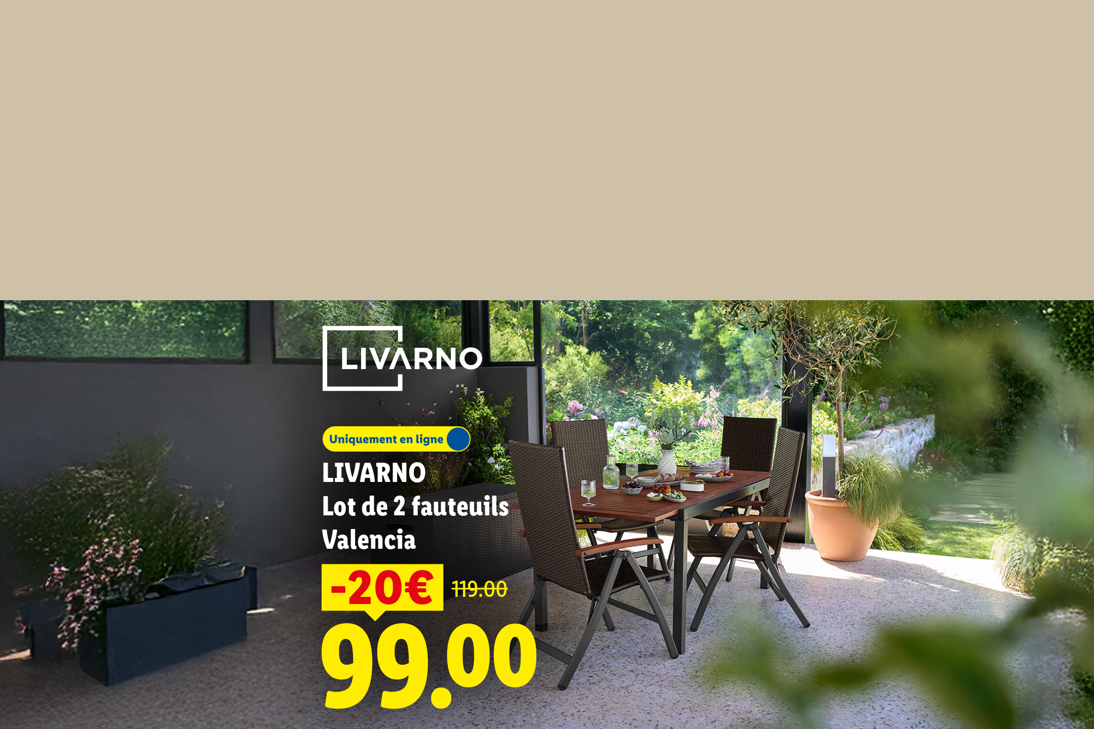 Ensemble de jardin avec table et chaises, offre spéciale -20€, prix final 99.00€.
