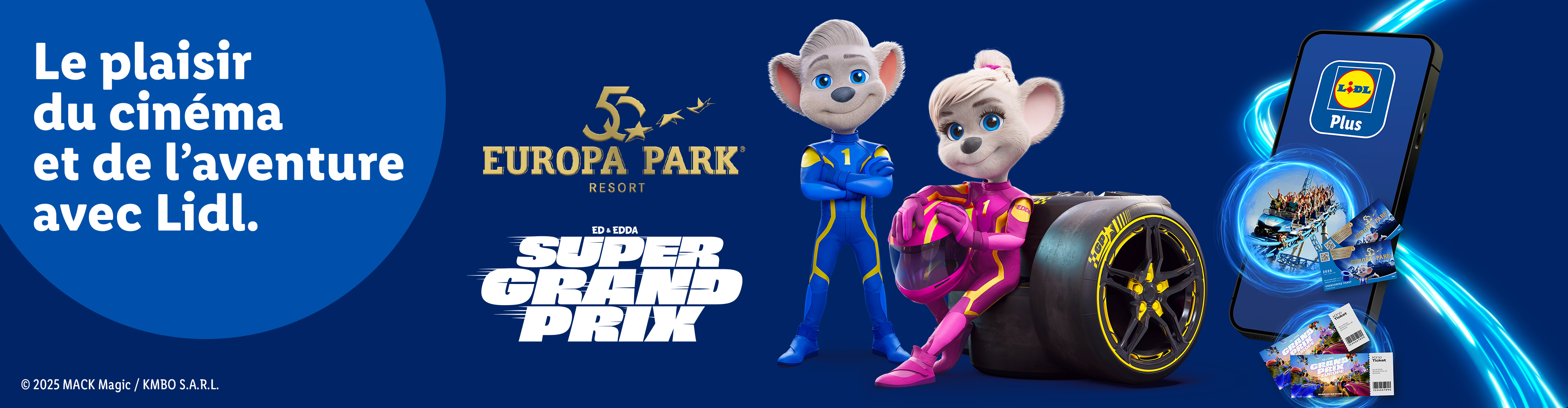 Publicité Lidl pour Europa Park et le film Super Grand Prix, avec des personnages de dessin animé et un smartphone.