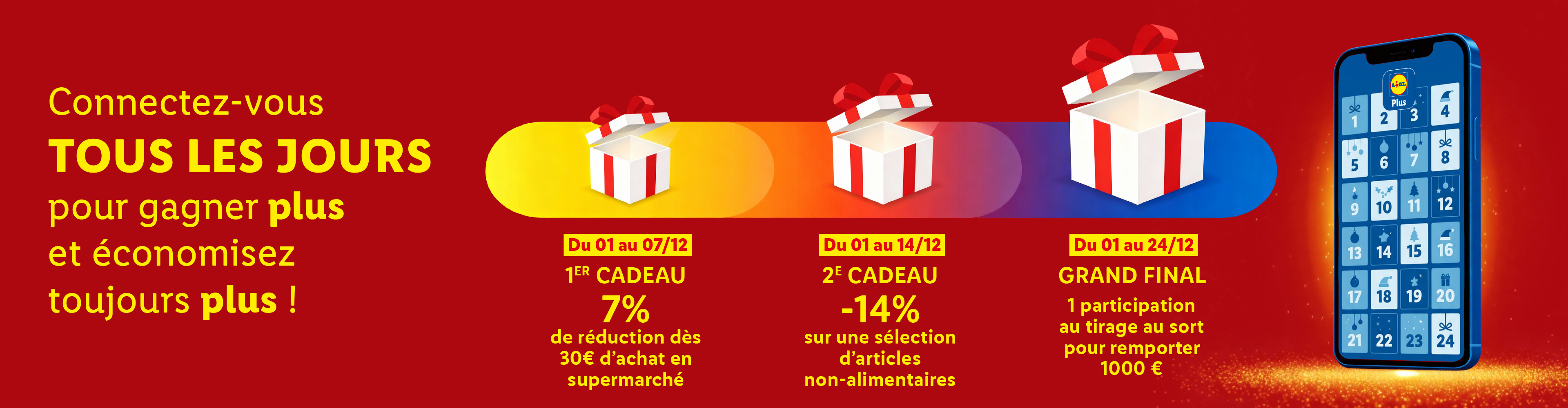 Calendrier de l'Avent Lidl Plus avec 3 cadeaux : 7% de réduction, -14% sur non-alimentaire et tirage au sort de 1000€.