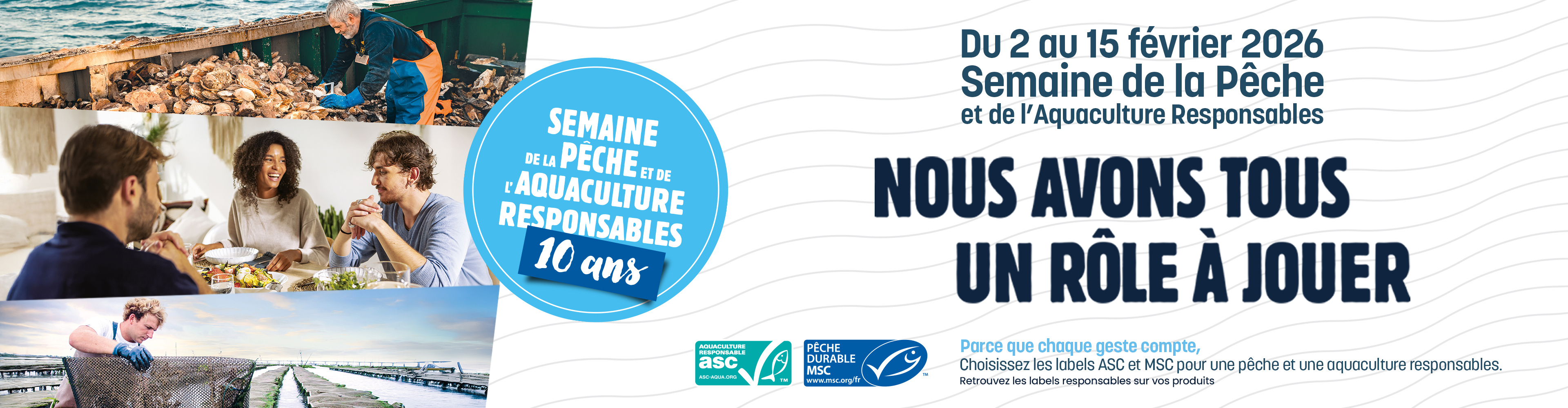 Semaine de la Pêche et de l'Aquaculture Responsables, avec des images de pêcheurs et de personnes dînant.