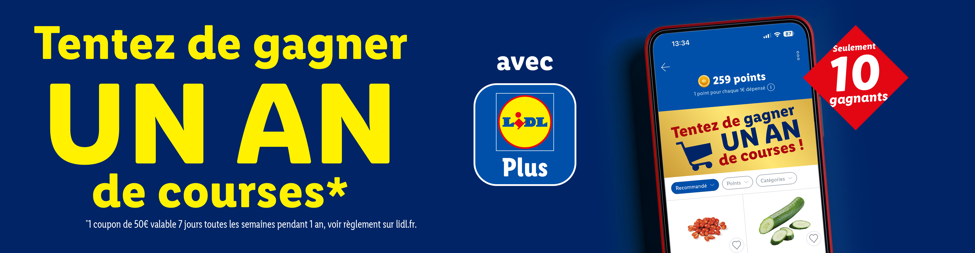 Gagnez un an de courses avec l'application, 10 gagnants, avec des tomates cerises et concombres.