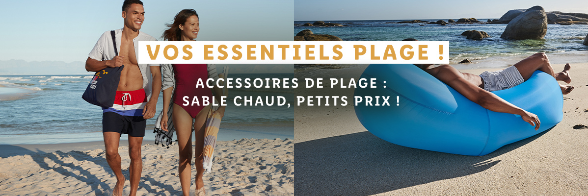 Maillots de bain, accessoires de plage, chaise longue gonflable.