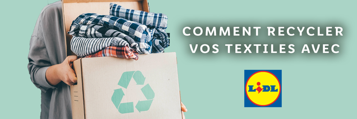 Recyclage textile Lidl : chemises et pulls dans un carton.