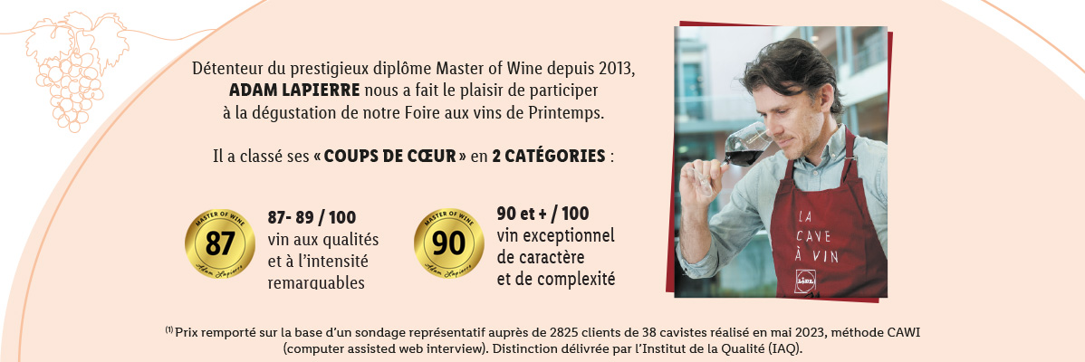 Vins exceptionnels, notés 87-90/100 par Adam Lapierre.