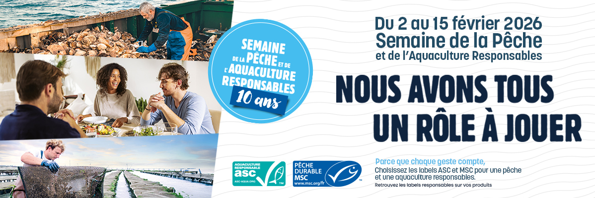 Semaine de la Pêche et de l'Aquaculture Responsables, avec des images de pêcheurs et de personnes dînant.