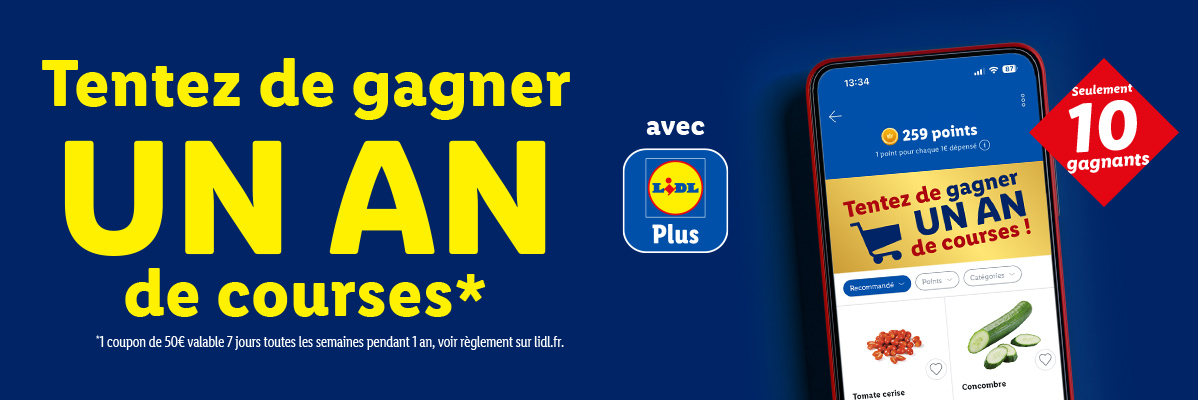 Gagnez un an de courses avec l'application, 10 gagnants, avec des tomates cerises et concombres.