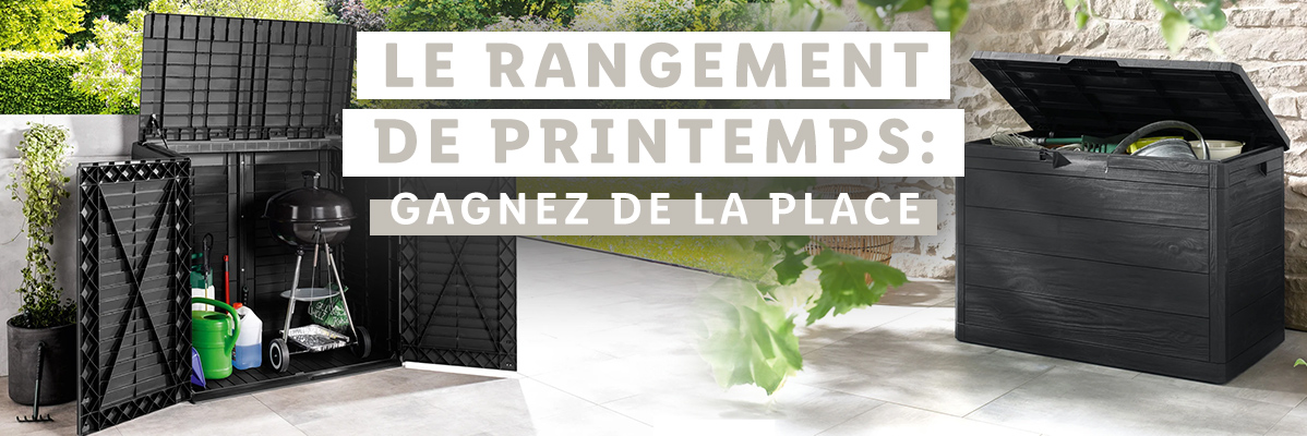Rangements de jardin : coffre et armoire de rangement.