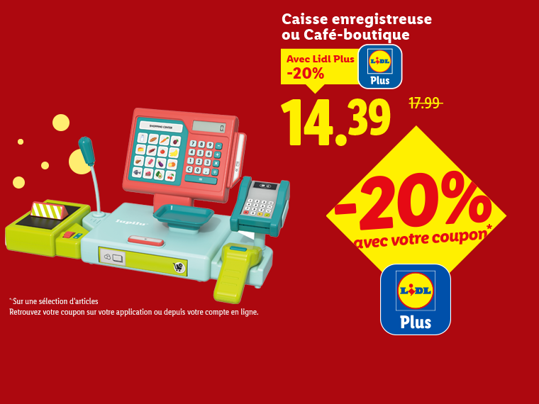 Caisse enregistreuse ou café-boutique pour enfants avec une réduction de 20% avec Lidl Plus.