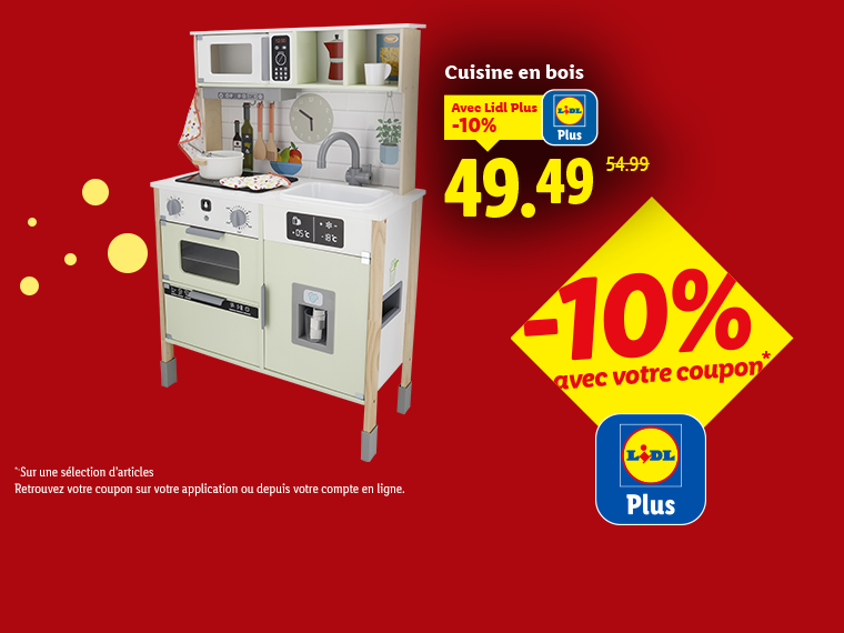 Cuisine en bois pour enfants avec une réduction de 10% avec Lidl Plus, prix final 49,49€.
