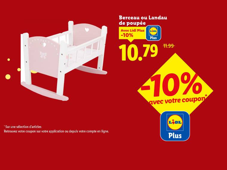 Berceau de poupée rose et blanc en promotion avec un coupon Lidl Plus.