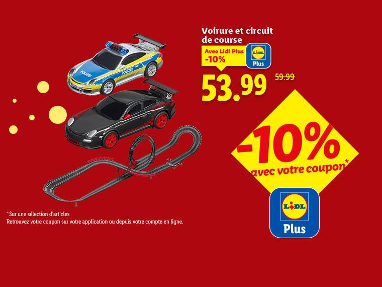 Voiture et circuit de course avec une réduction de 10% pour les membres Lidl Plus.