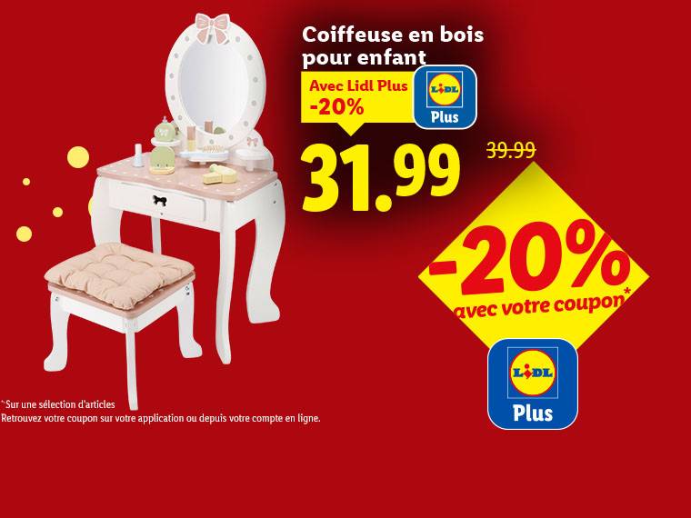 Coiffeuse en bois pour enfant avec tabouret, accessoires et réduction Lidl Plus.