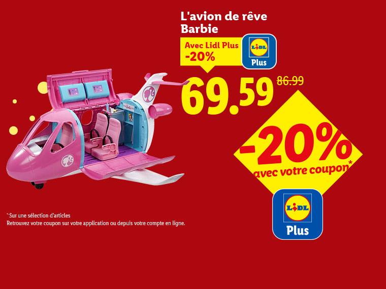 Un avion de rêve Barbie rose et blanc, avec une réduction de 20% pour les membres Lidl Plus, affiché à 69,59€.