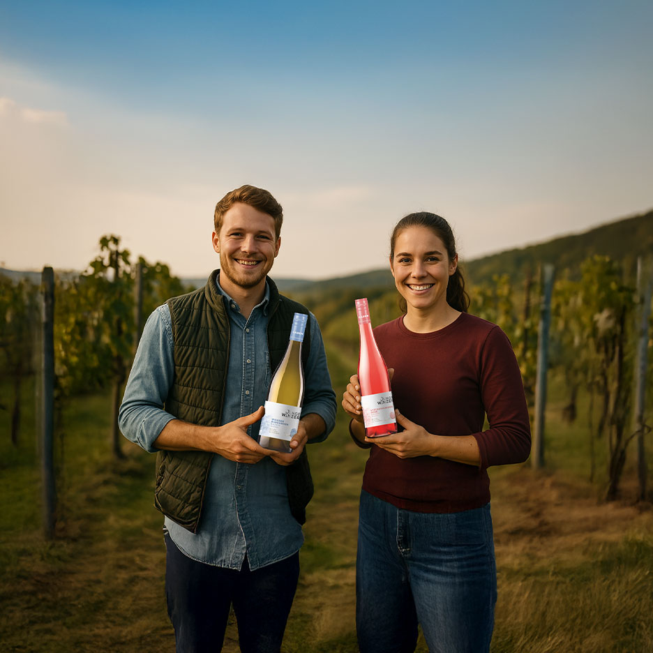 Deux personnes dans un vignoble tenant des bouteilles de vin blanc et rosé, souriantes.