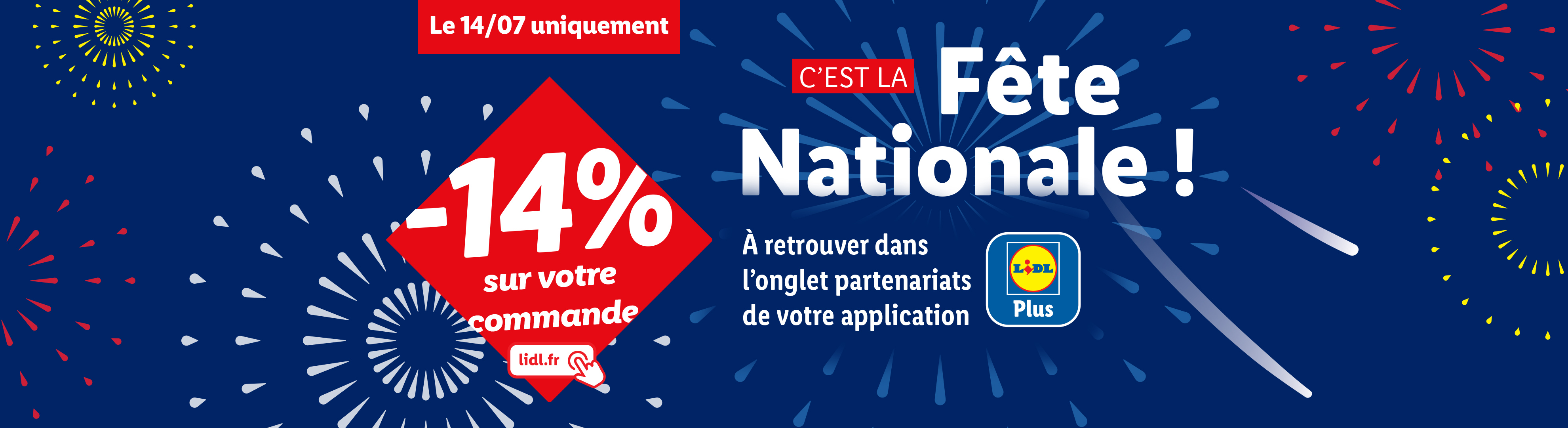 Lidl Plus offre -14% sur votre commande le 14 juillet.