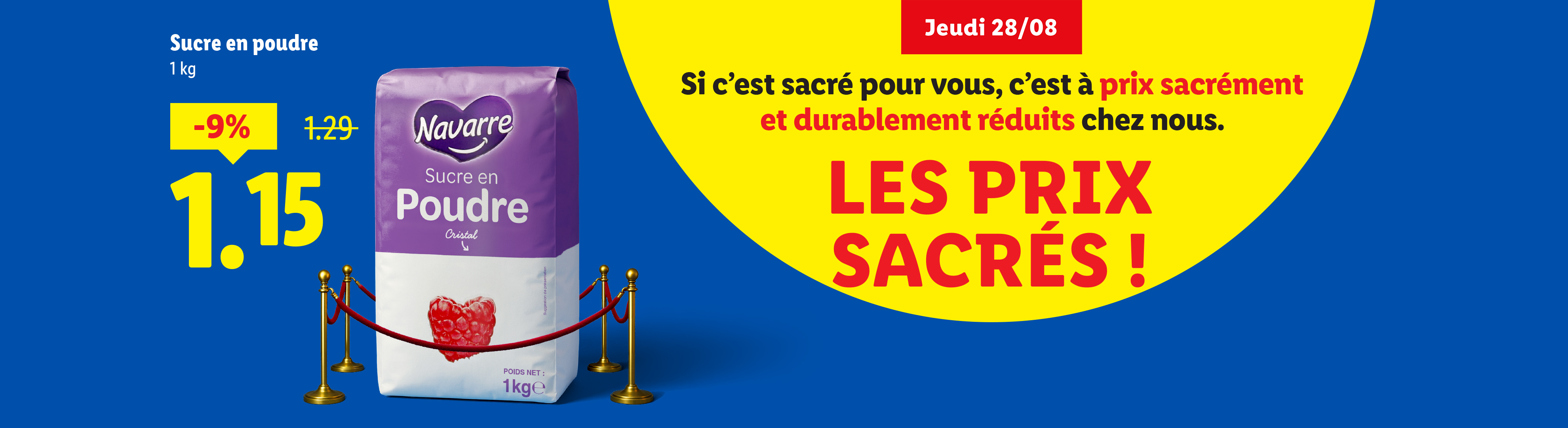 Publicité pour du sucre en poudre de la marque Navarre, avec une réduction de prix.