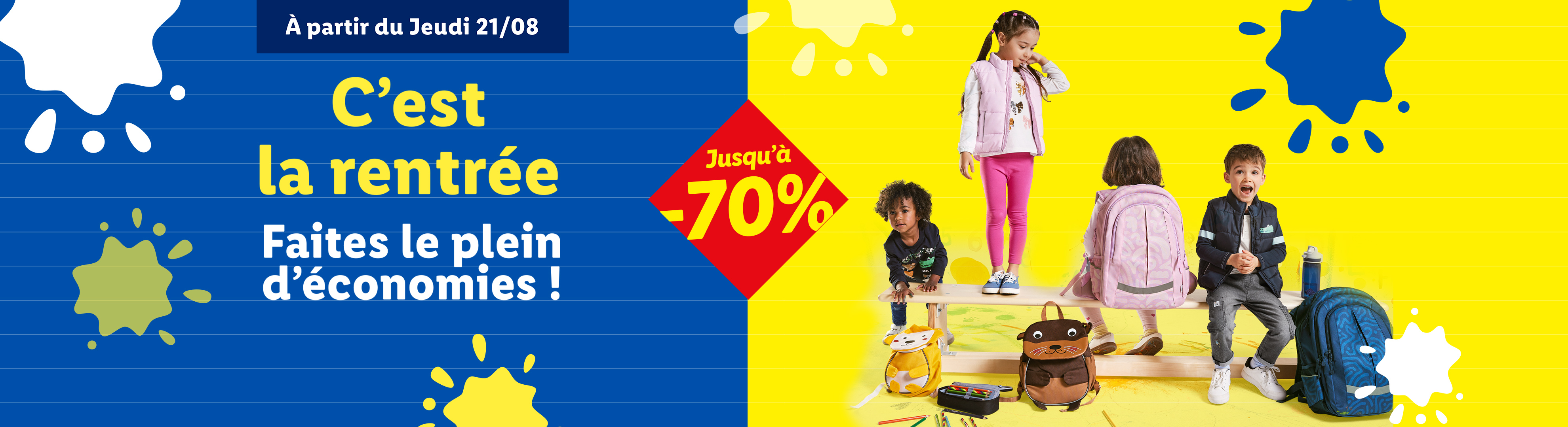 Des enfants avec des sacs à dos et des fournitures scolaires, avec une promotion de 70% pour la rentrée.
