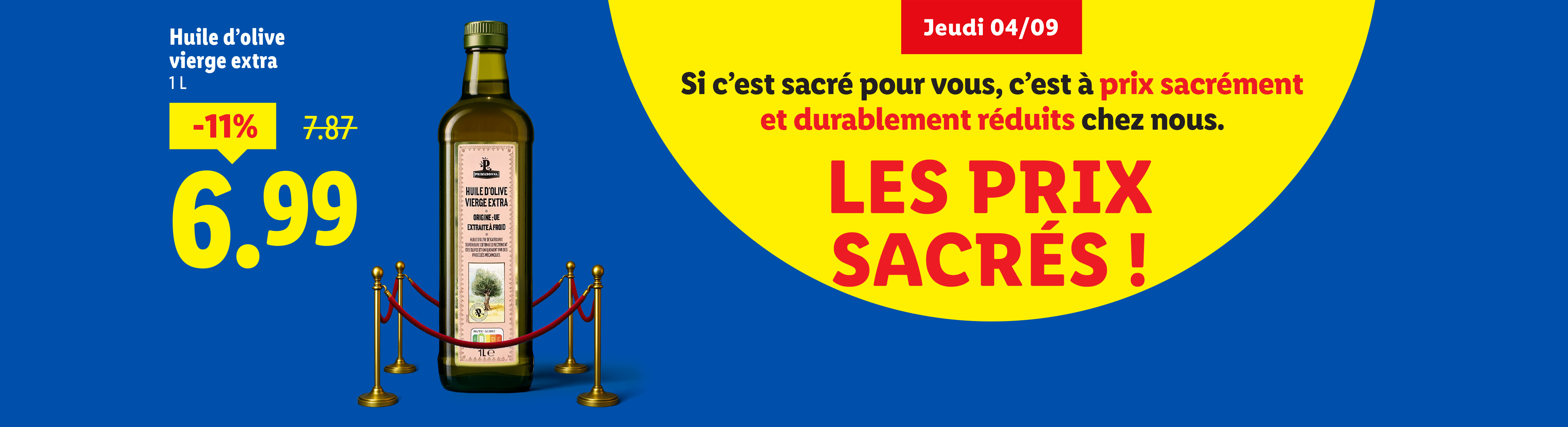 Publicité pour de l'huile d'olive extra vierge en promotion, affichant un prix réduit.