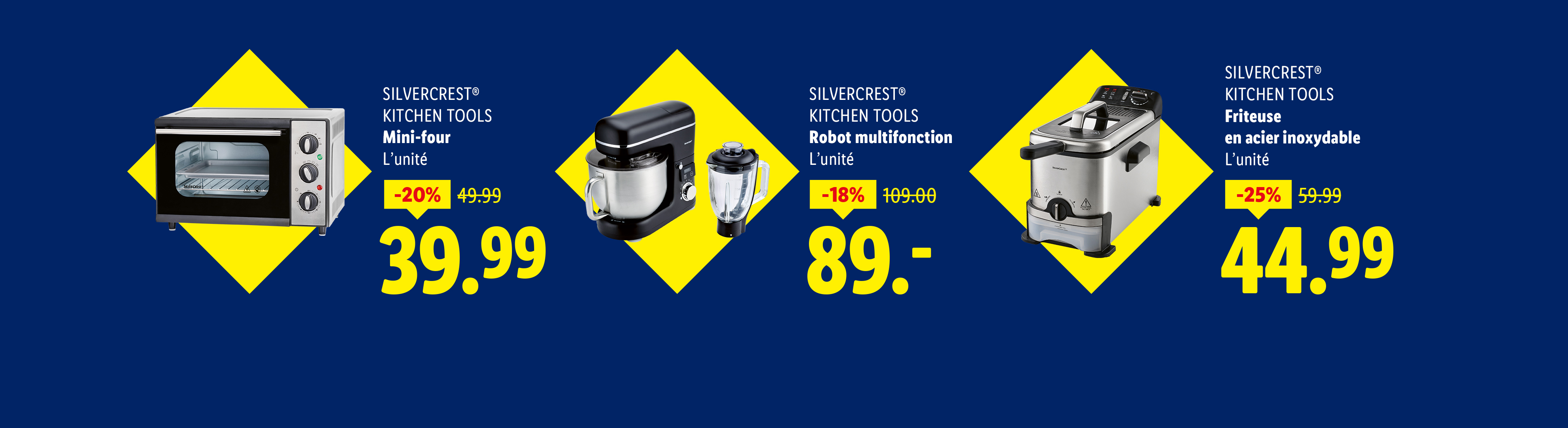 Quatre appareils de cuisine Silvercrest, dont un mini-four, un robot multifonction et une friteuse.