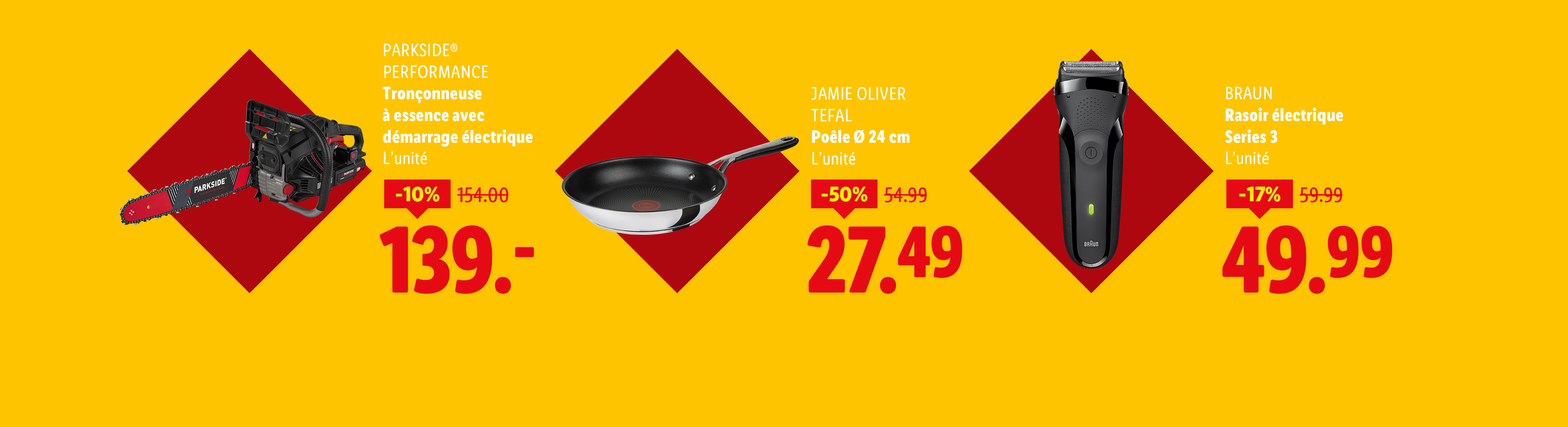 Publicité pour une tronçonneuse, une poêle et un rasoir électrique avec leurs prix réduits.