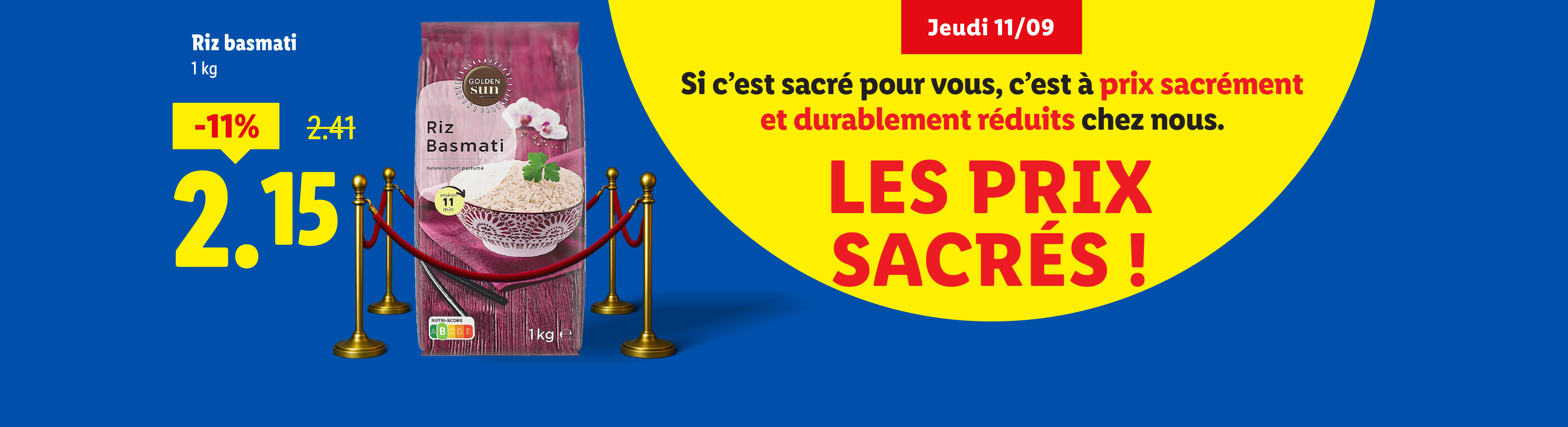 Publicité pour du riz basmati Golden Sun, avec une réduction de 11%.