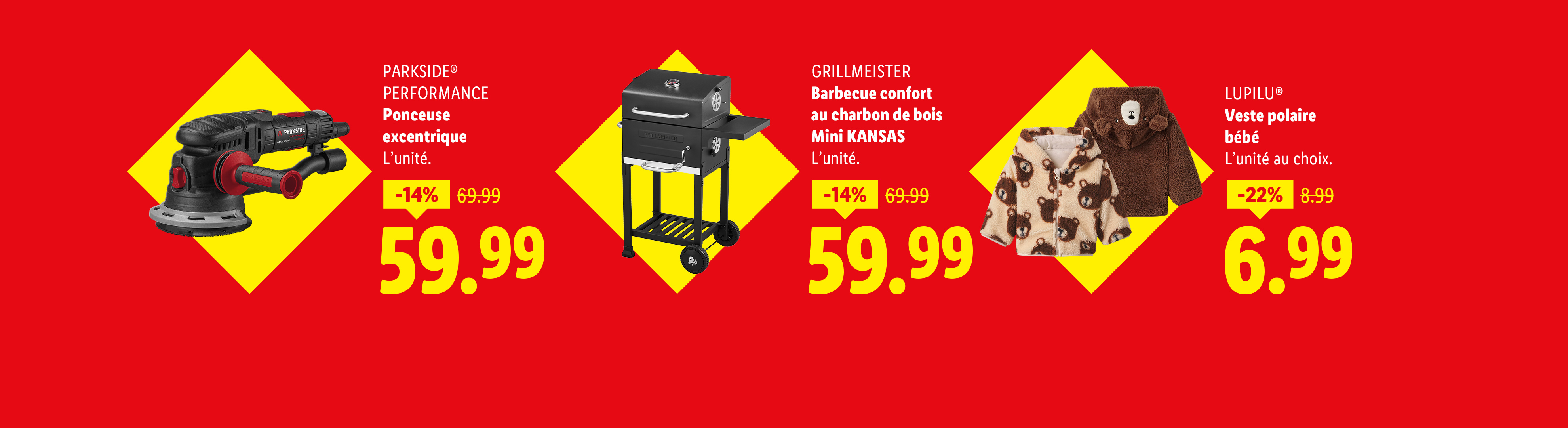 Une ponceuse, un barbecue et une veste polaire pour bébé sur fond rouge.