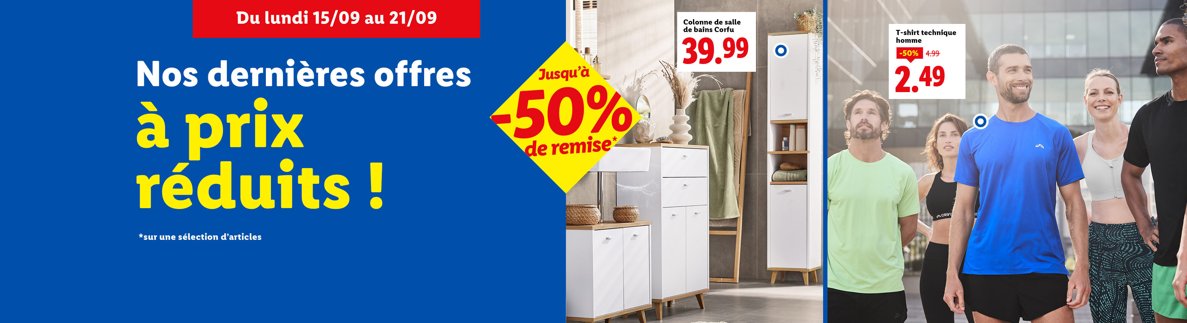 Publicité pour des offres spéciales avec des meubles de salle de bain et des t-shirts de sport, avec des réductions allant jusqu'à 50%.