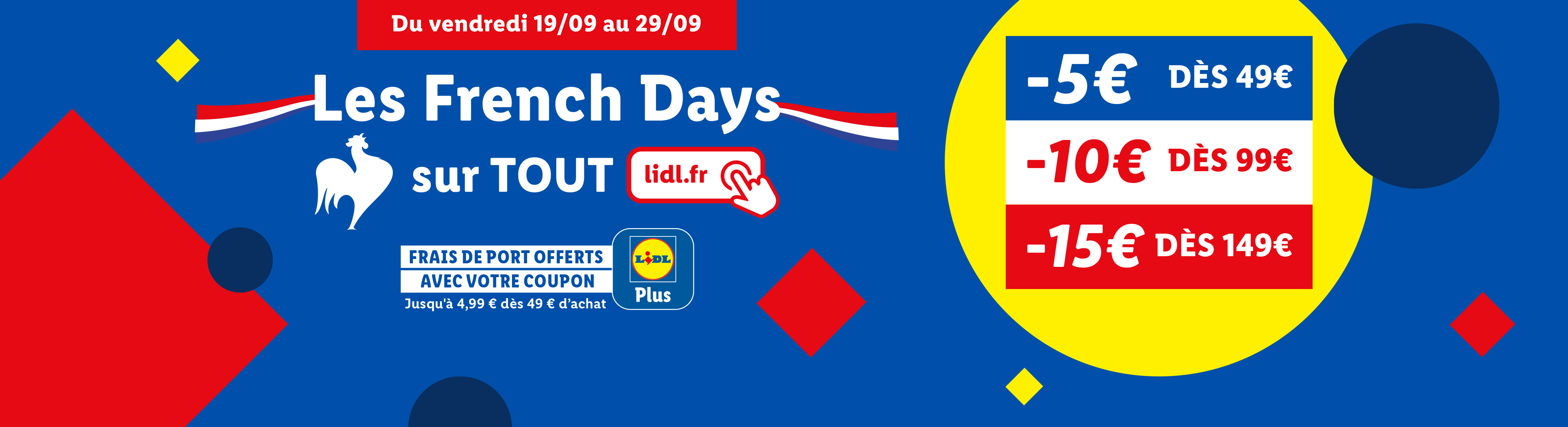 Publicité Lidl pour les French Days, offrant des réductions de 5€, 10€ et 15€ sur les achats.