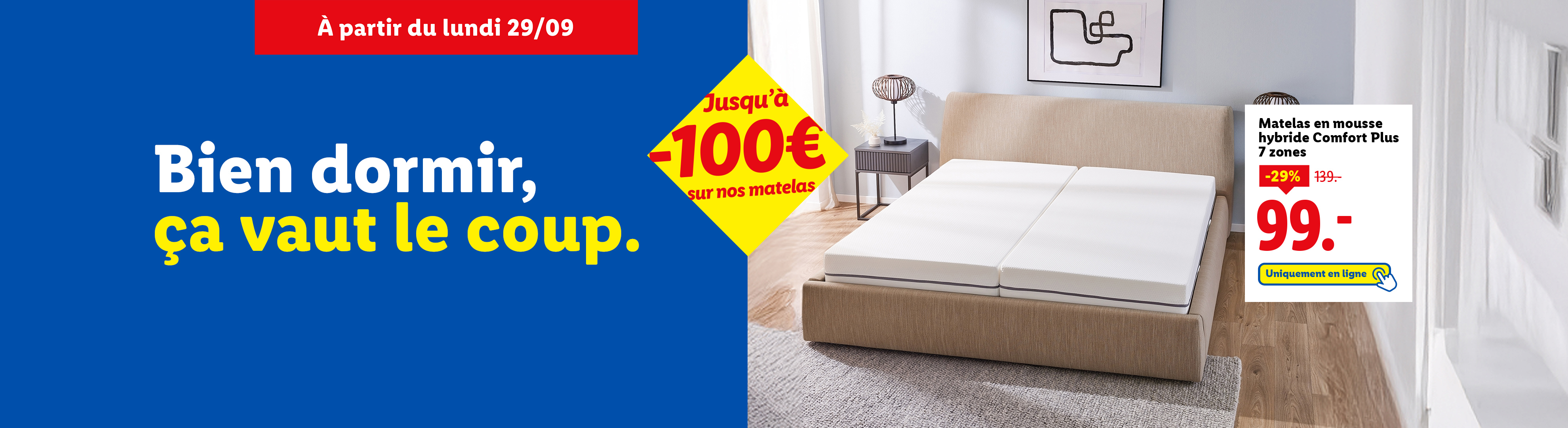 Publicité pour des matelas en mousse hybride Comfort Plus, avec des réductions allant jusqu'à 100€.