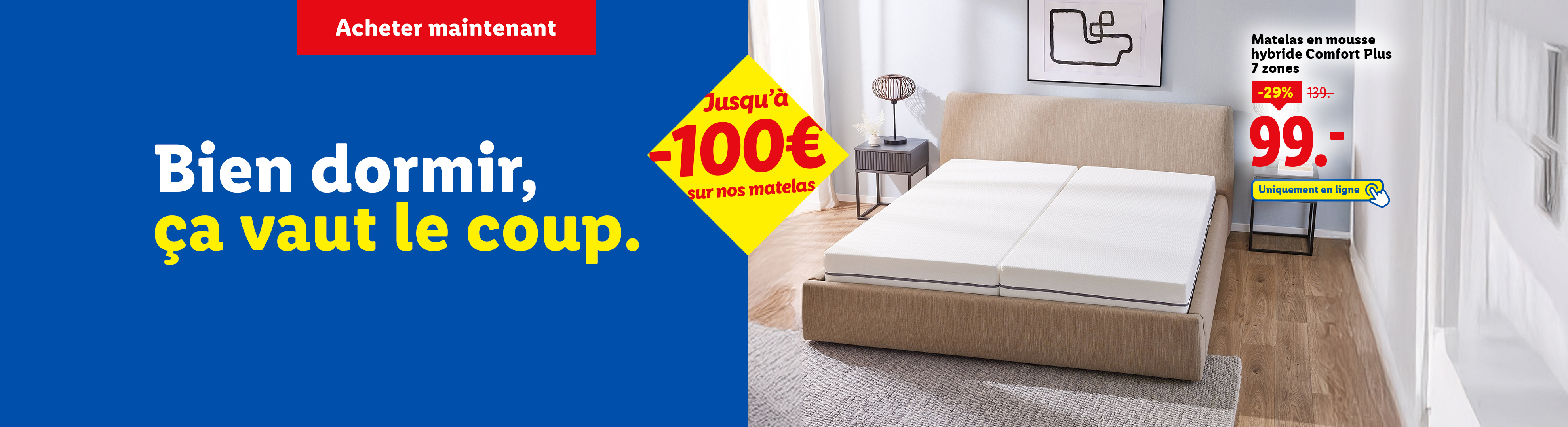 Publicité pour un matelas en mousse hybride avec une réduction de prix et une offre sur les matelas.