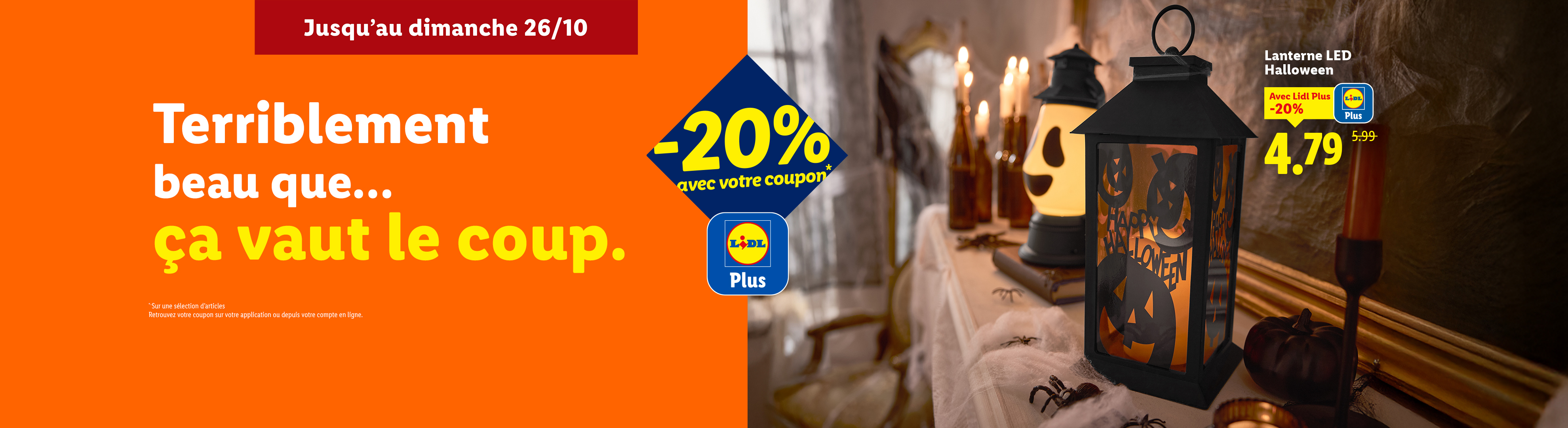 Publicité Lidl pour une lanterne LED d'Halloween avec une réduction de 20%.