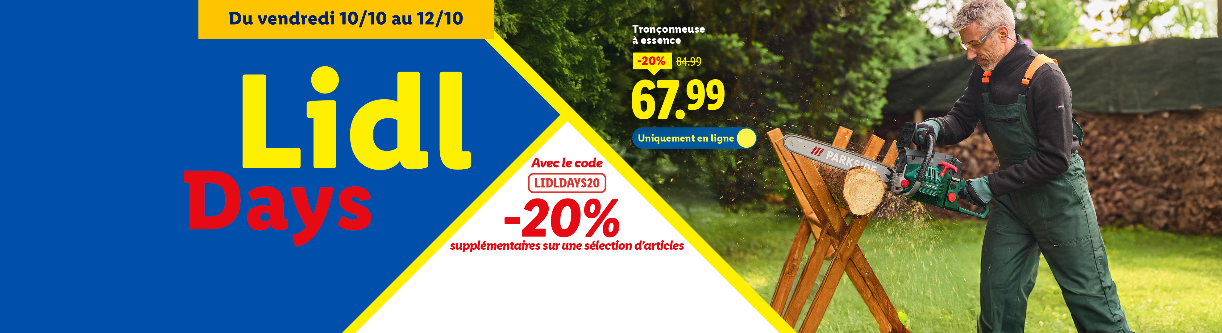 Lidl Days: Tronçonneuse à essence Parkside en promotion, -20% supplémentaires avec le code LIDLDAYS20.