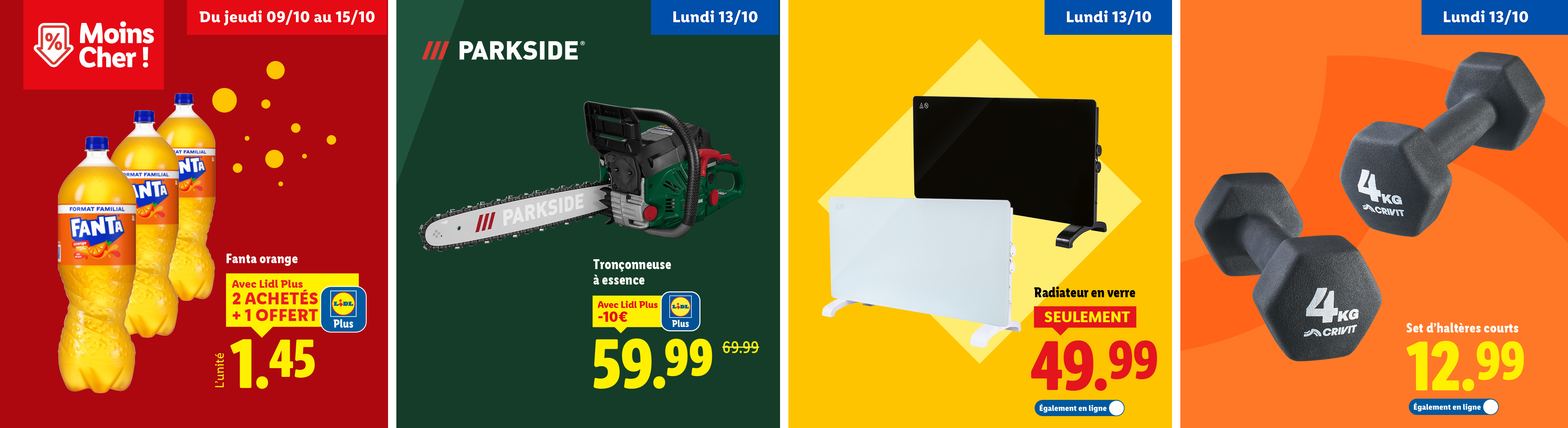 Publicité Lidl avec des bouteilles de Fanta, une tronçonneuse Parkside, un radiateur en verre et des haltères Crivit.