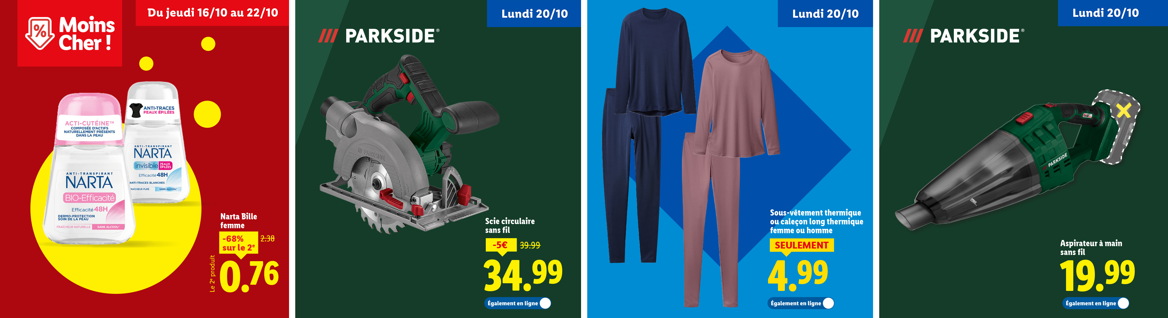 Publicité Lidl avec déodorants Narta, scie circulaire Parkside, sous-vêtements thermiques et aspirateur à main Parkside.