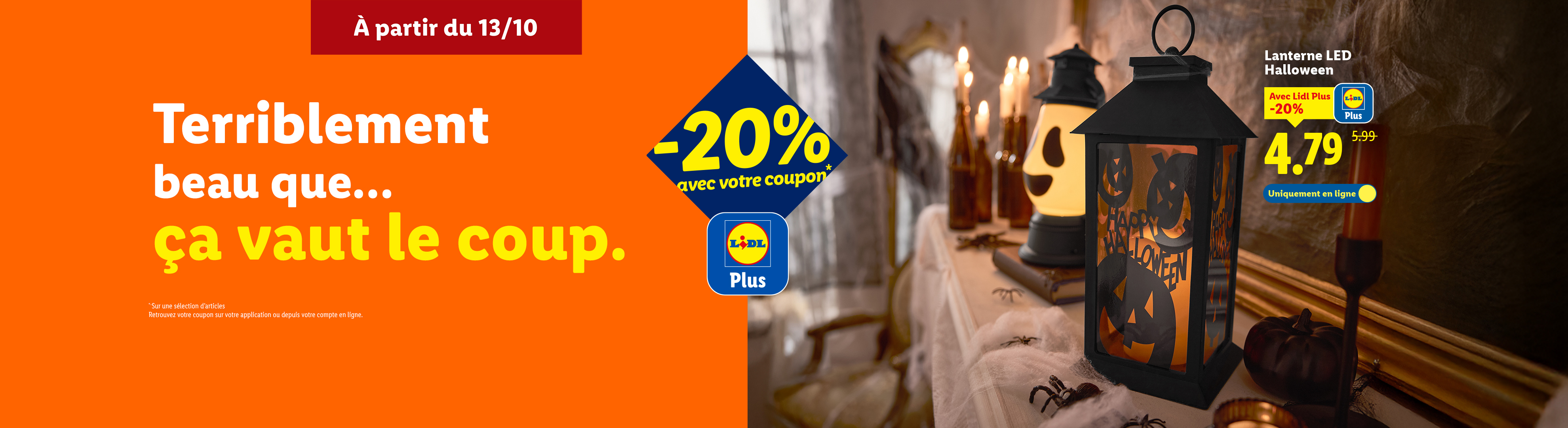 Publicité Lidl pour une lanterne LED d'Halloween à 4,79€ avec coupon, disponible à partir du 13/10.