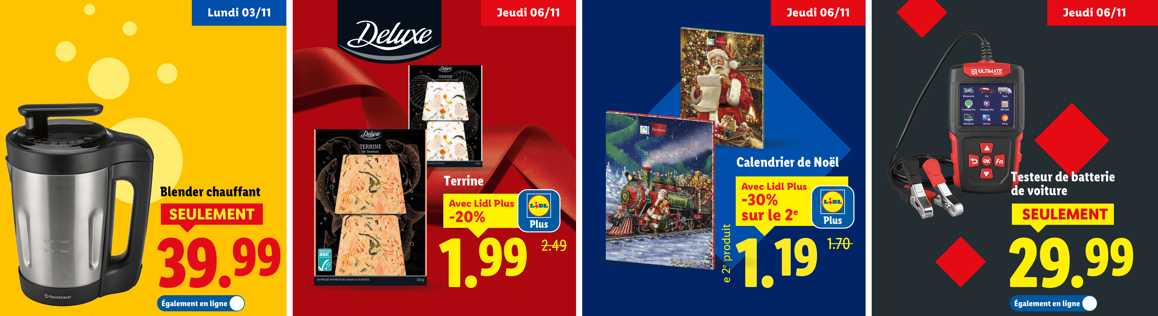 Cette semaine chez Lidl : blender chauffant, des terrines Deluxe, des calendriers de l'Avent et un testeur de batterie de voiture.