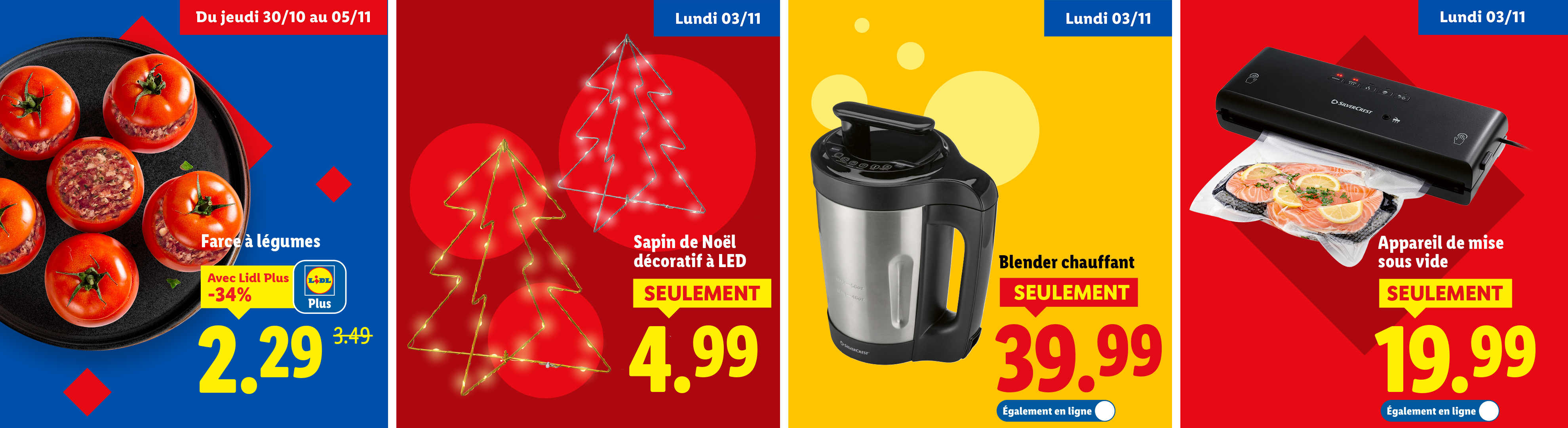 Cette semaine chez Lidl : Farce à légumes, des sapins de Noël décoratifs à LED, un blender chauffant Silvercrest et un appareil de mise sous vide Silvercrest.