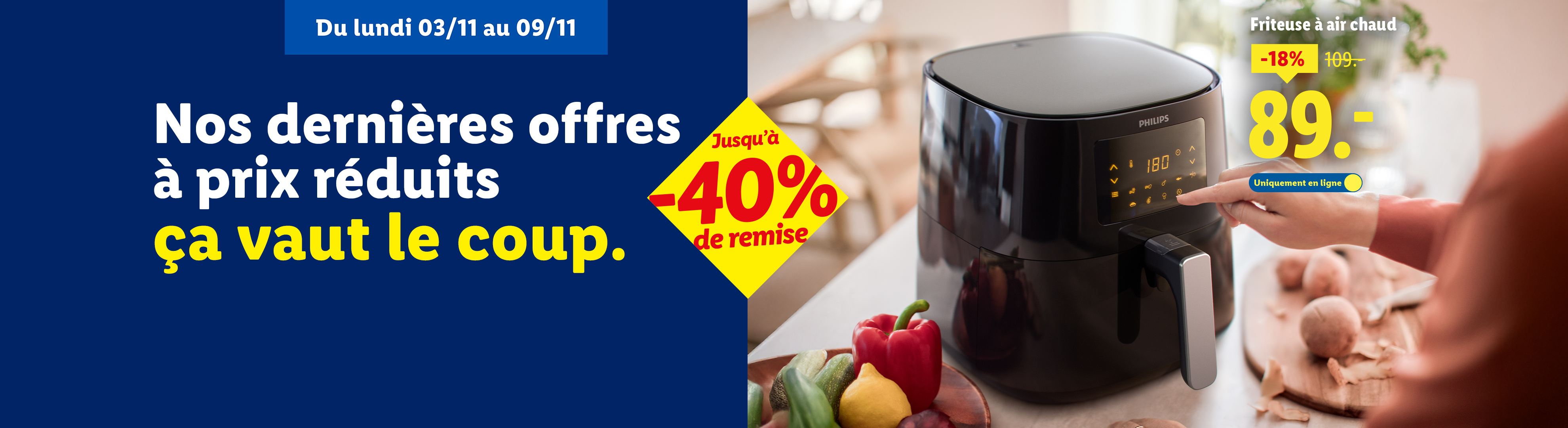 Publicité pour une friteuse à air chaud Philips en promotion, avec des offres jusqu'à -40%.