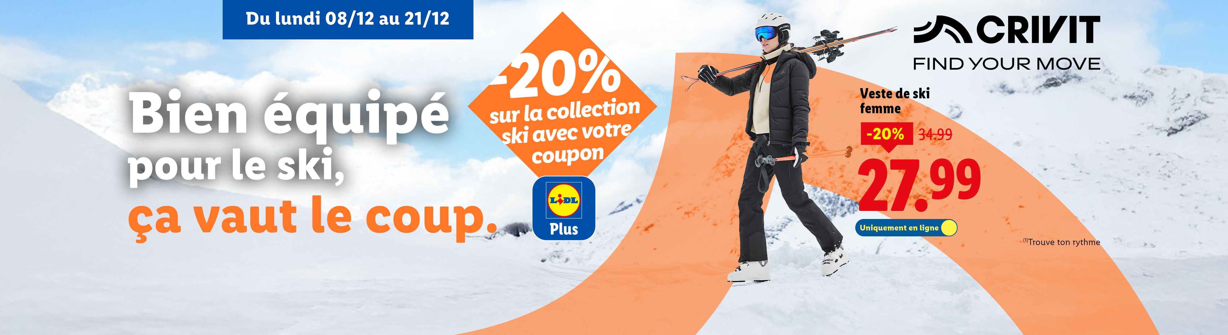 Publicité Lidl pour des vêtements de ski Crivit, avec une veste de ski femme à 27,99€ et 20% de réduction sur la collection ski.