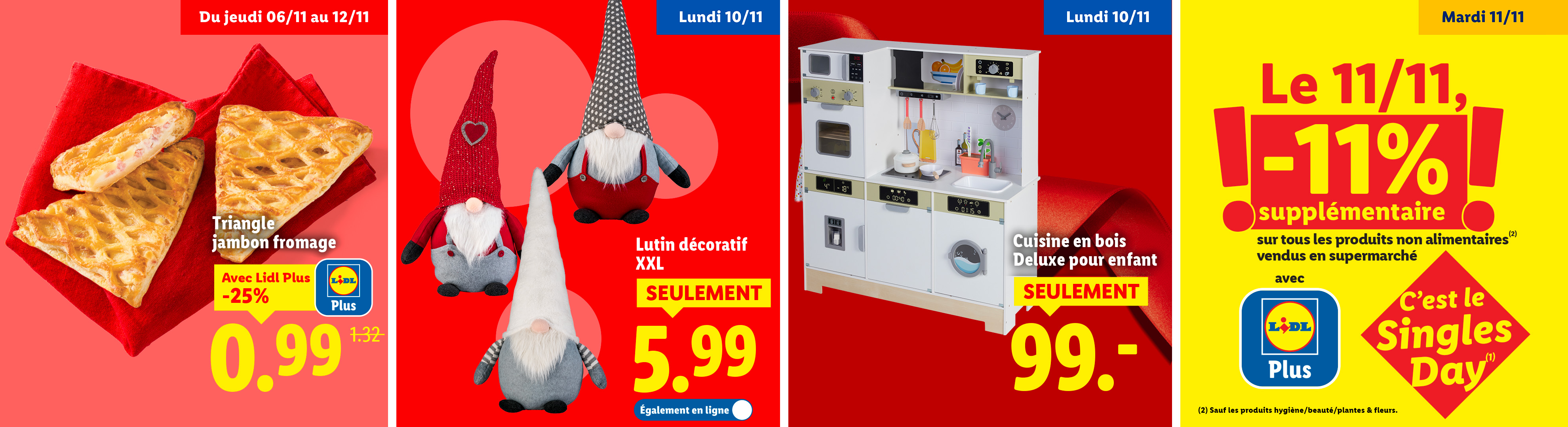 Cette semaine chez Lidl : des triangles jambon-fromage, des lutins décoratifs, une cuisine en bois pour enfant.