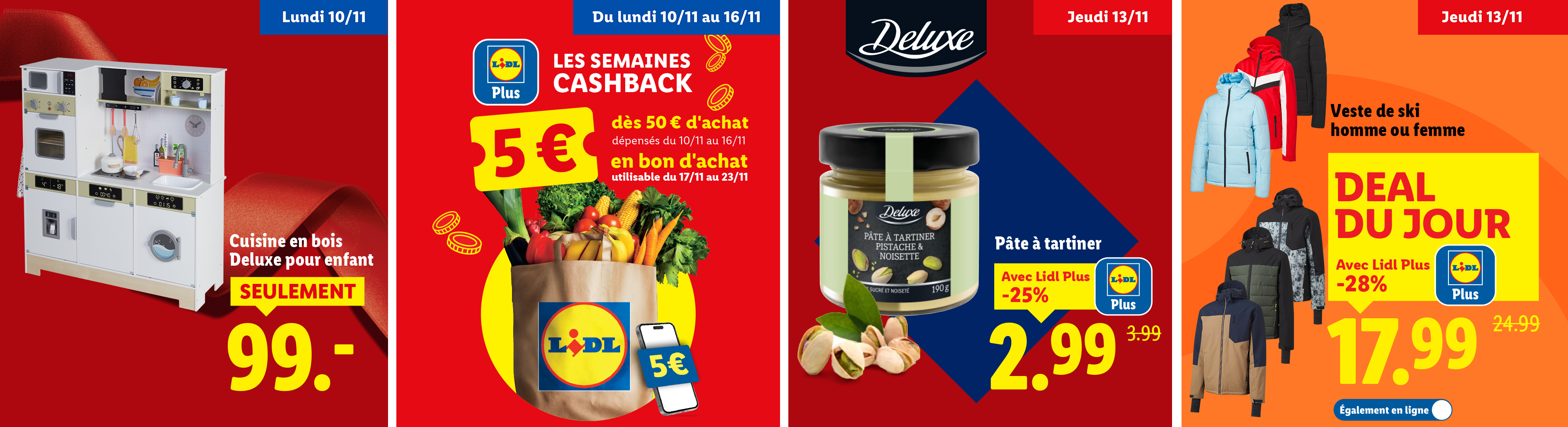 Cette semaine chez Lidl : une cuisine en bois pour enfant, une offre cashback sur les courses, une pâte à tartiner Deluxe et des vestes de ski.