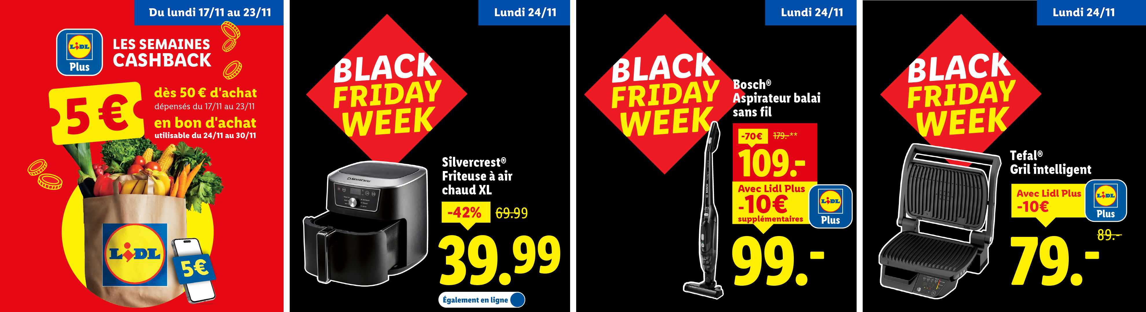 Offres Black Friday de Lidl avec une friteuse à air, un aspirateur balai et un grill intelligent, plus un cashback de 5€.
