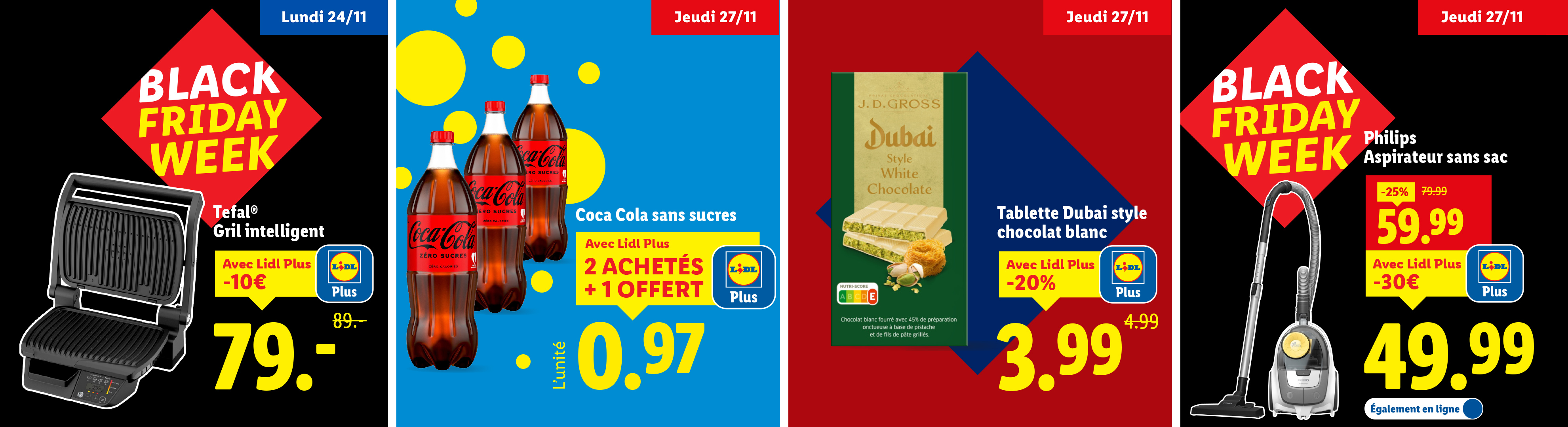Publicité Lidl pour la Black Friday Week avec un grill Tefal, du Coca-Cola sans sucres, du chocolat blanc Dubai et un aspirateur Philips.