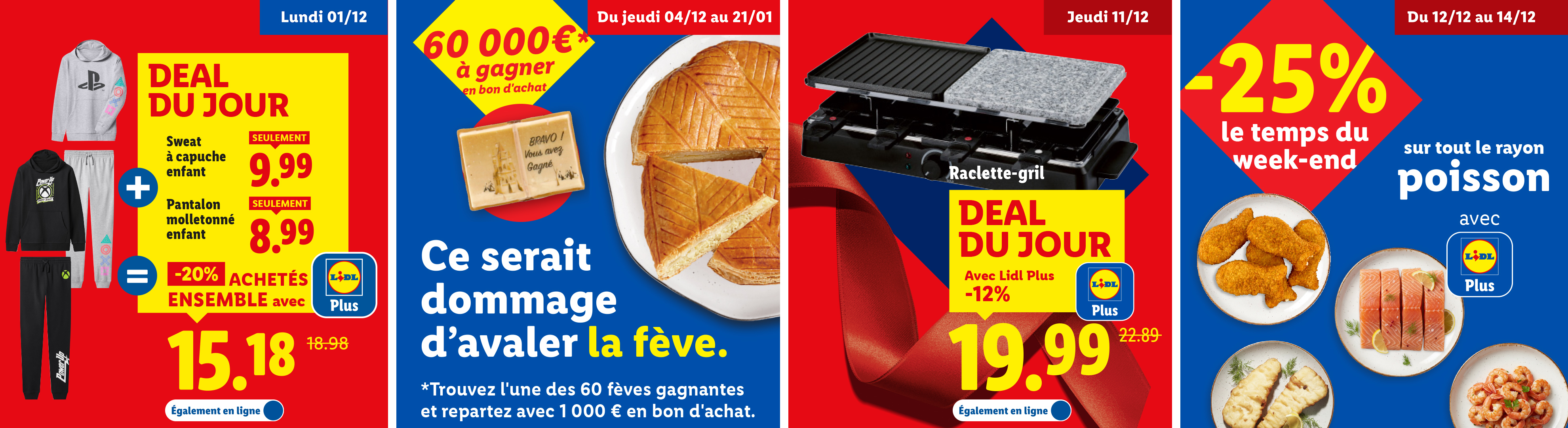 Offres Lidl avec des vêtements pour enfants, une galette des rois, un appareil à raclette et des produits de la mer.