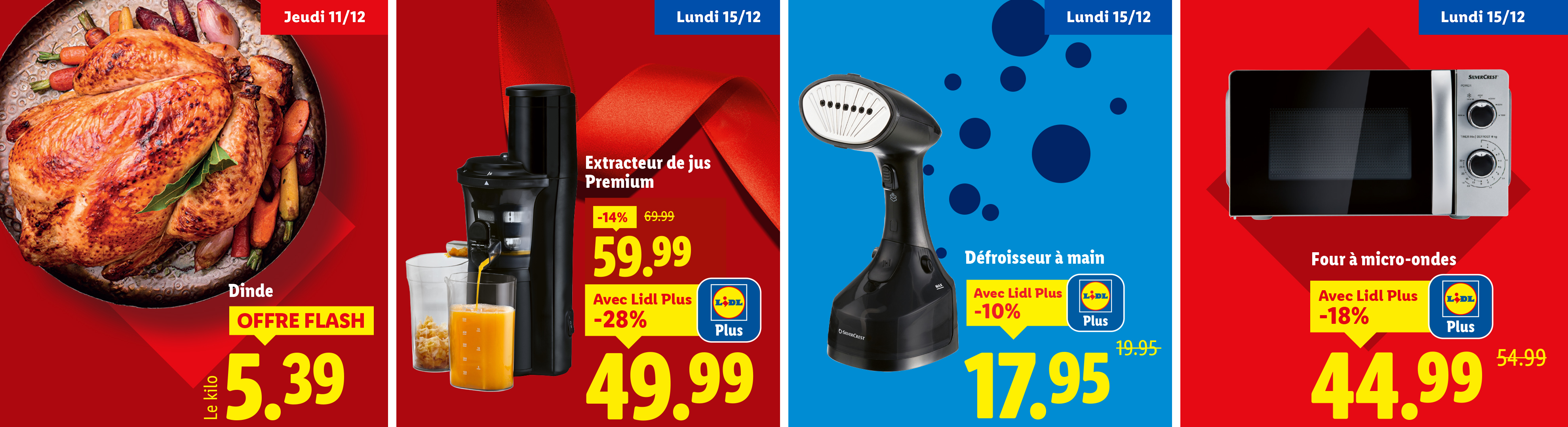 Cette semaine chez Lidl : dinde à 5,39€ le kilo, Extracteur de jus à 49,99€ grâce à -28% avec Lidl Plus et un défroisseur à main à 17,95€ grâce à -10% avec Lidl Plus.