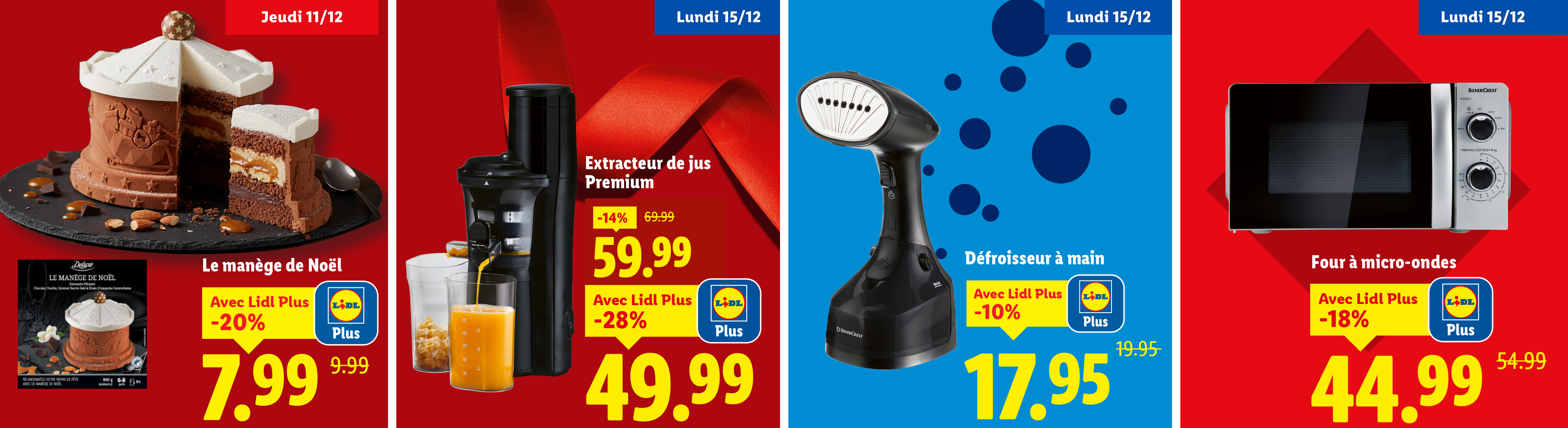 Gâteau de Noël, extracteur de jus, défroisseur à main et four à micro-ondes en promotion.