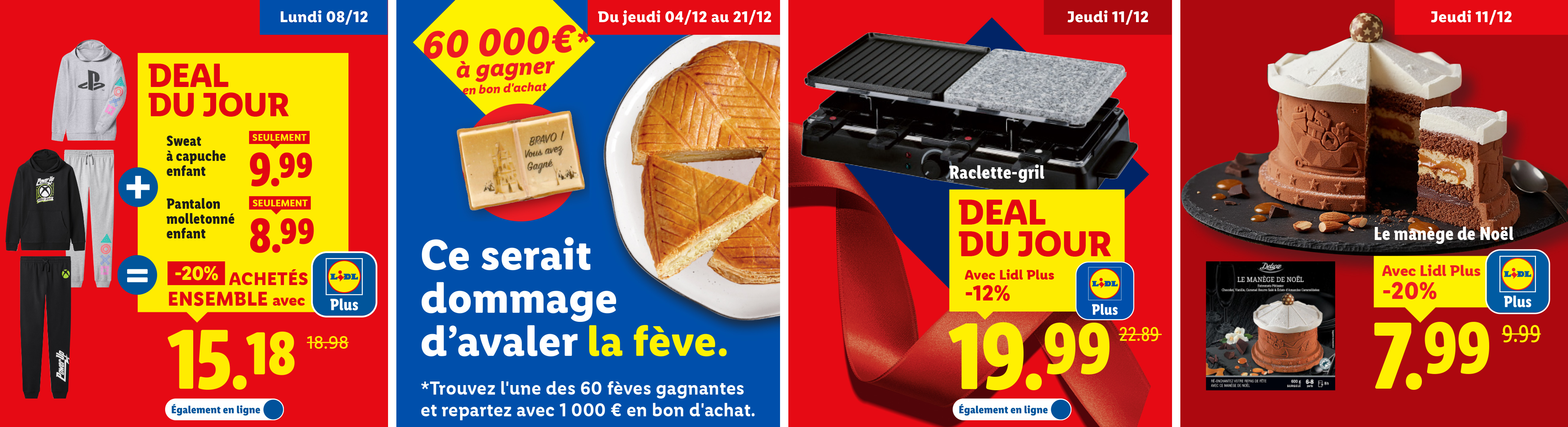 Publicité Lidl avec des vêtements pour enfants, une galette des rois, un appareil à raclette et un gâteau de Noël.