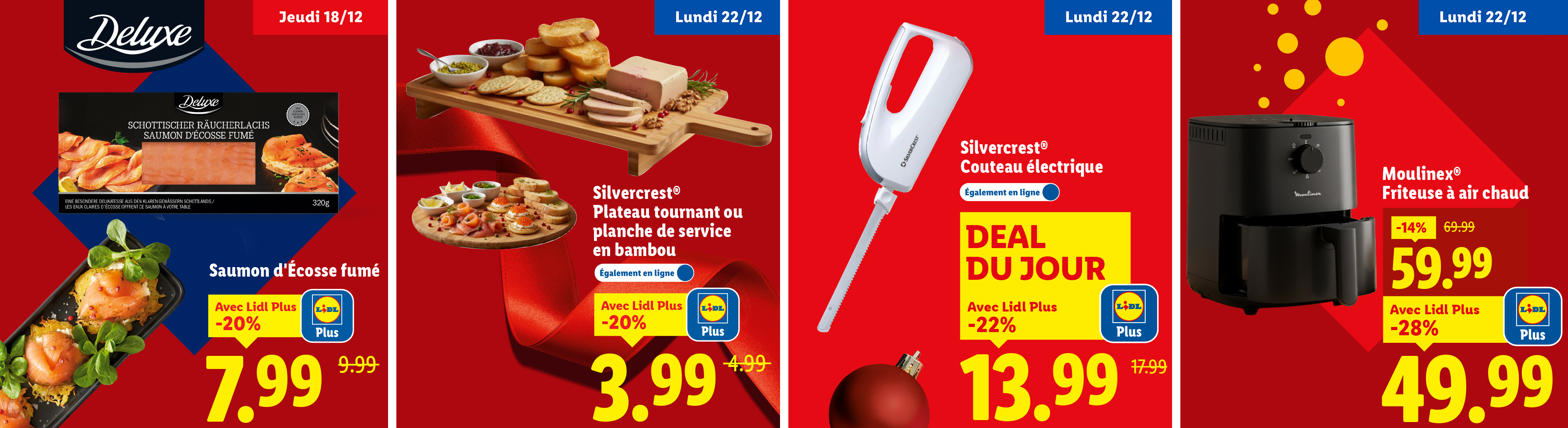 Publicité Lidl pour saumon fumé, plateau de service, couteau électrique et friteuse à air chaud.