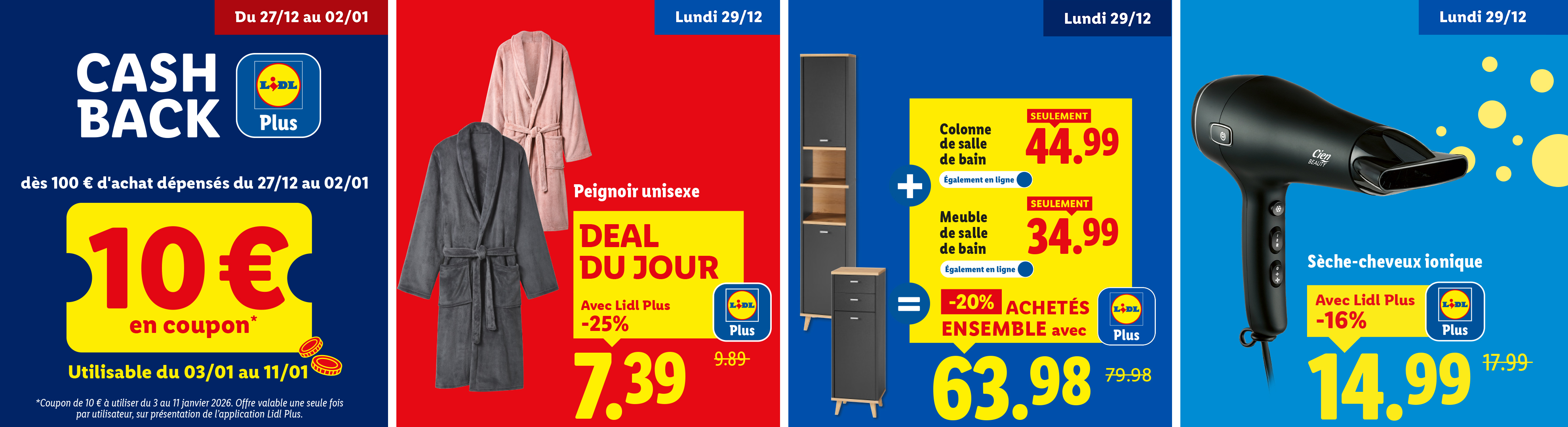 Offres Lidl avec un sèche-cheveux ionique, des peignoirs unisexes, des meubles de salle de bain et un cashback de 10 €.